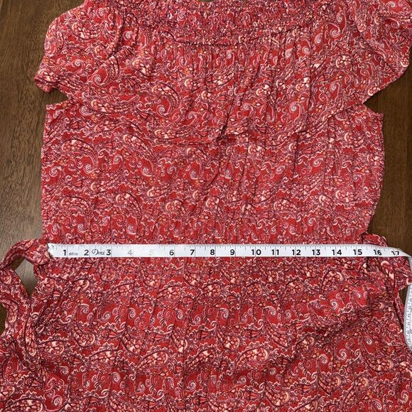 Nostalgia Red Orange Paisley Off Shoulder Dress Boho Ruffle Belted Midi L NWT - Picture 13 of 13